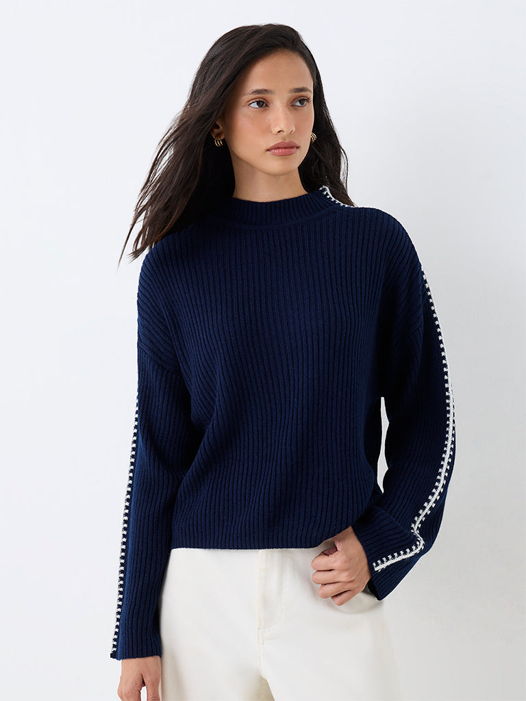 LOV Navy Contrast-Detail Ribbed-Knit Sweater — photo 1