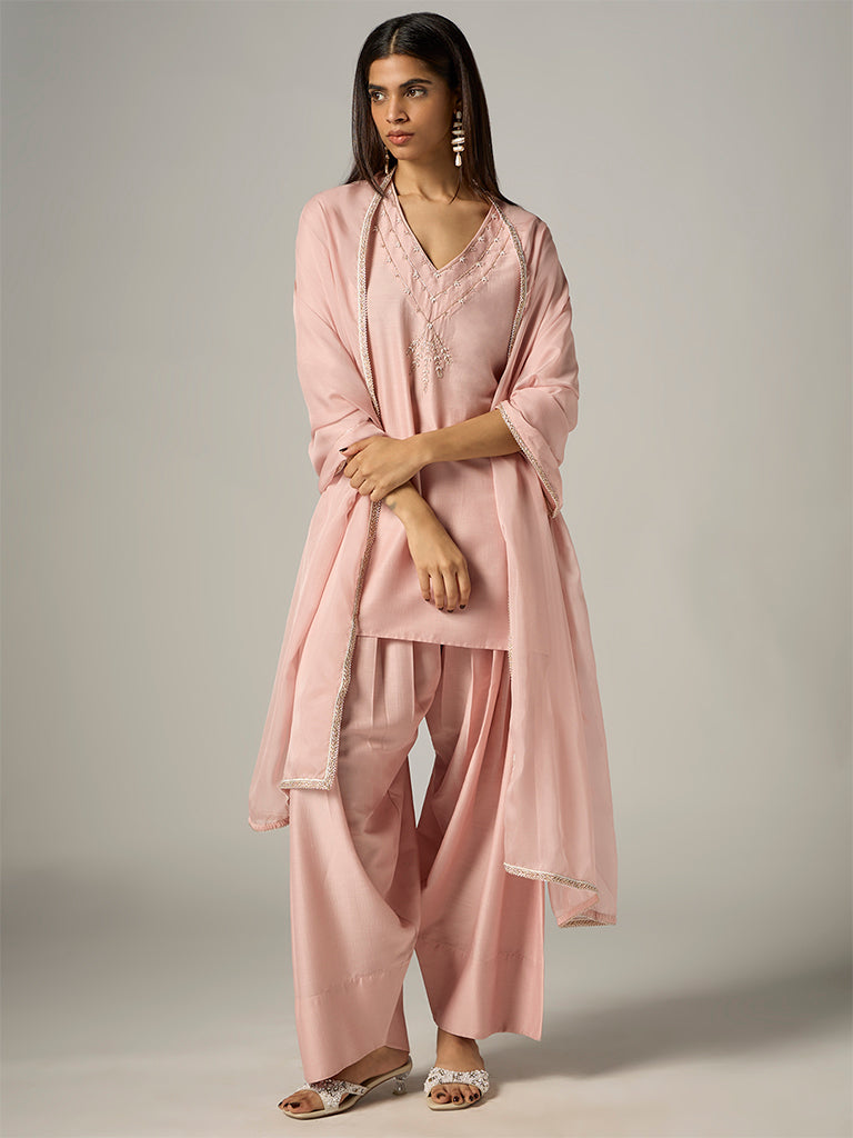 Light Pink Botanical Embroidered Straight Ethnic Set — image 1