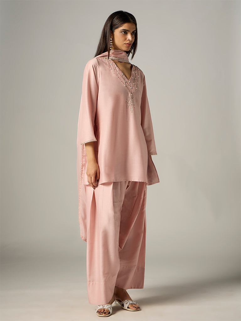 Light Pink Botanical Embroidered Straight Ethnic Set — image 2
