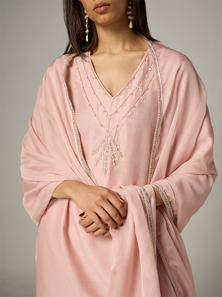 Light Pink Botanical Embroidered Straight Ethnic Set — image 3
