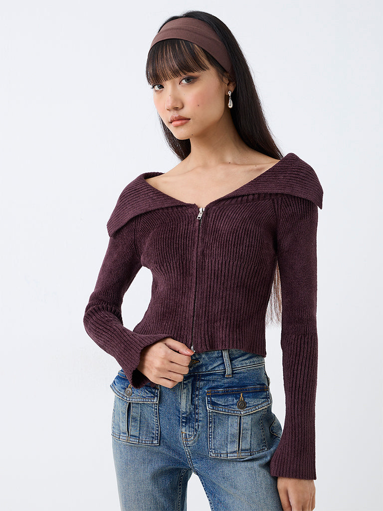 Nuon Dark Plum Ribbed Cardigan — photo 1