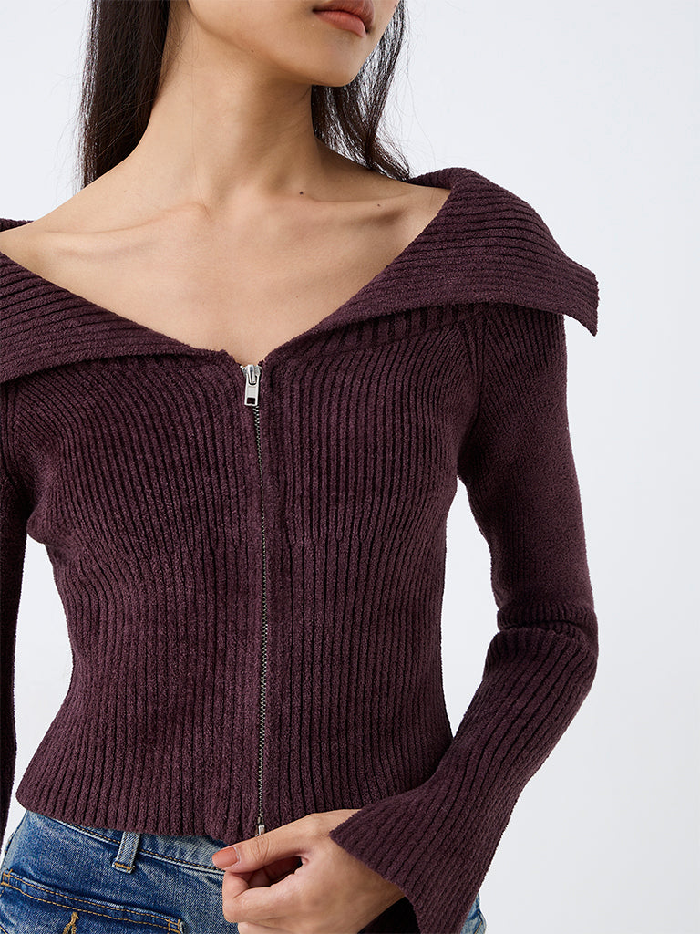 Nuon Dark Plum Ribbed Cardigan — photo 3