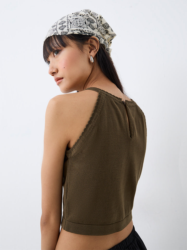 Nuon Dark Olive Star Printed Knitted Cotton Top — photo 4