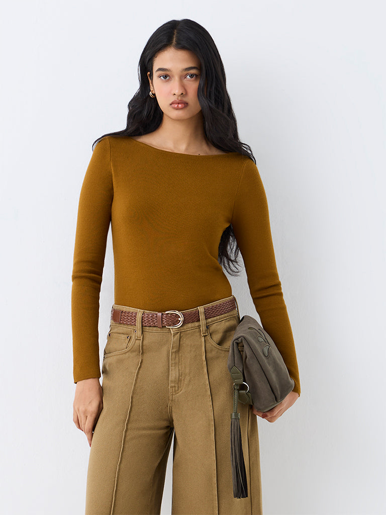 LOV Mustard Solid Knitted Top — photo 1