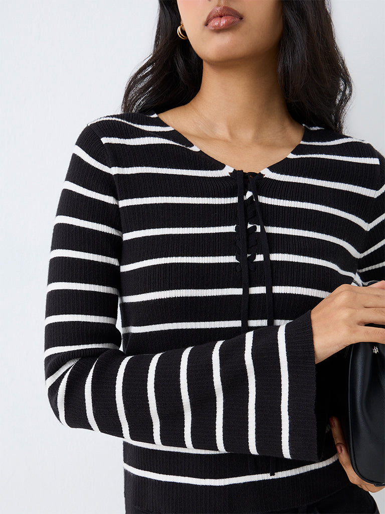 LOV Black Striped Ribbed-Textured Top — photo 3