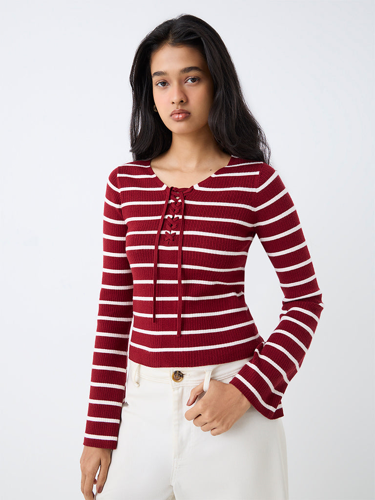 LOV Red Striped Ribbed-Textured Top — photo 1