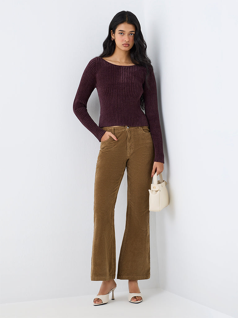 LOV Dark Plum Ribbed-Textured Top — photo 2
