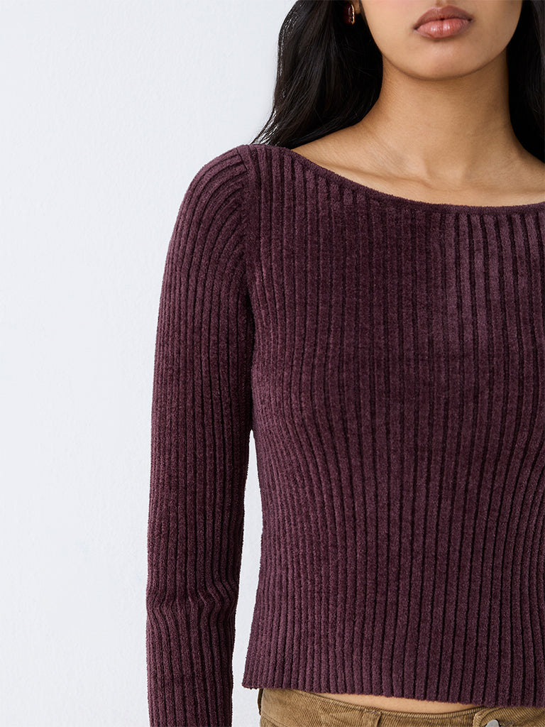 LOV Dark Plum Ribbed-Textured Top — photo 3