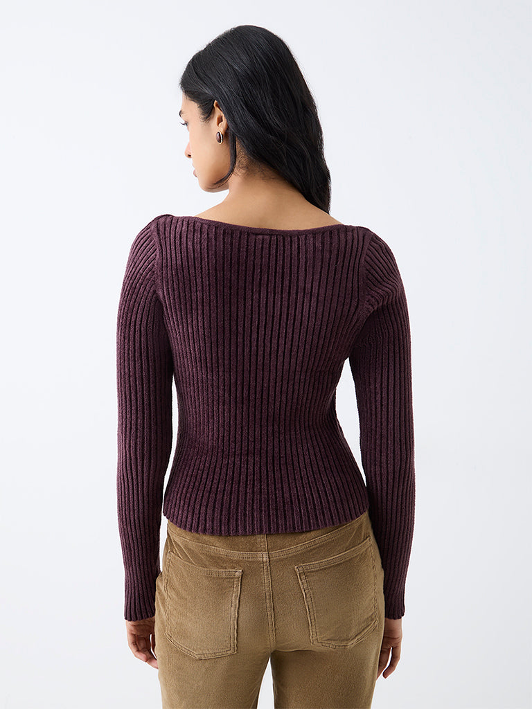 LOV Dark Plum Ribbed-Textured Top — photo 4