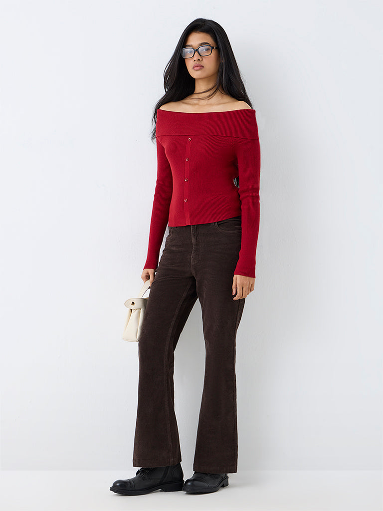 LOV Red Ribbed-Textured Off-Shoulder Top — photo 2