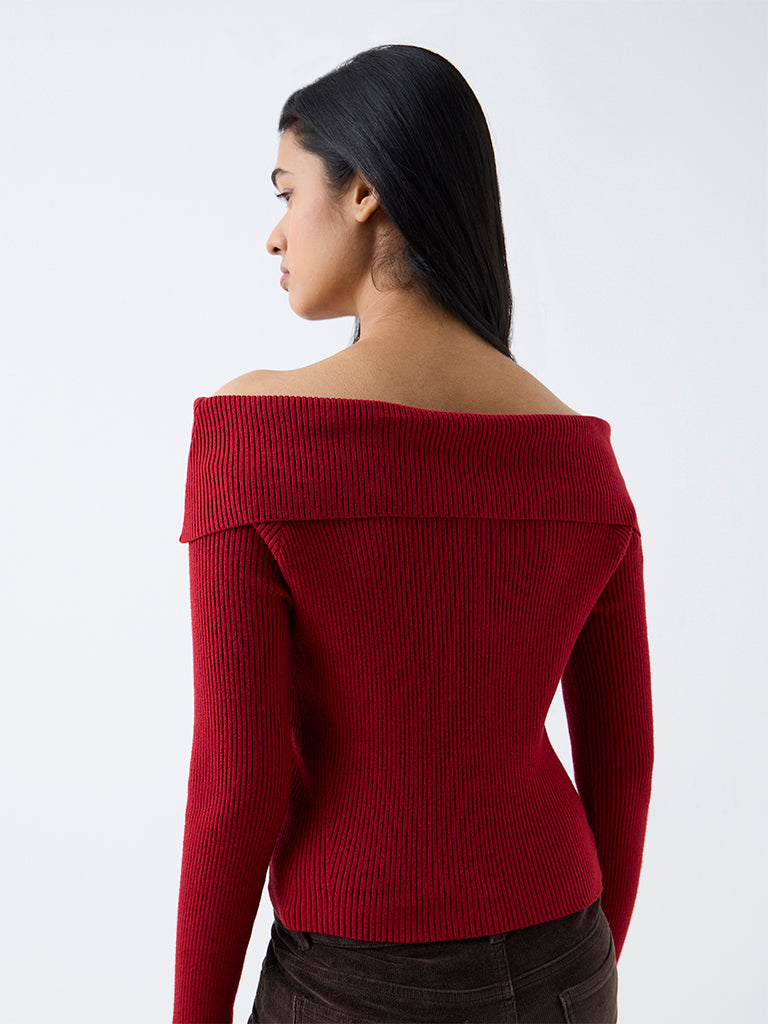 LOV Red Ribbed-Textured Off-Shoulder Top — photo 4