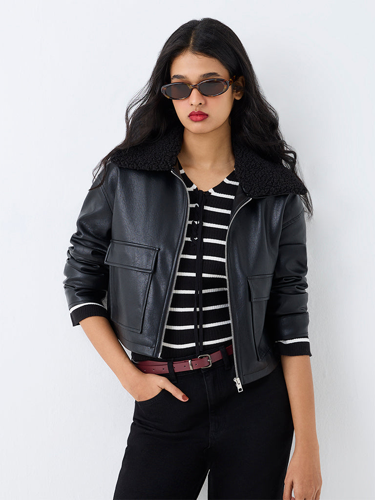 LOV Black Borg-Collar Faux Leather Cotton Jacket — photo 1