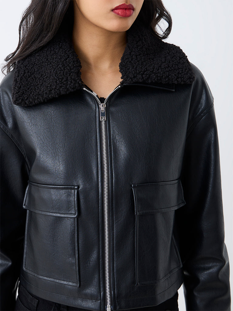 LOV Black Borg-Collar Faux Leather Cotton Jacket — photo 3