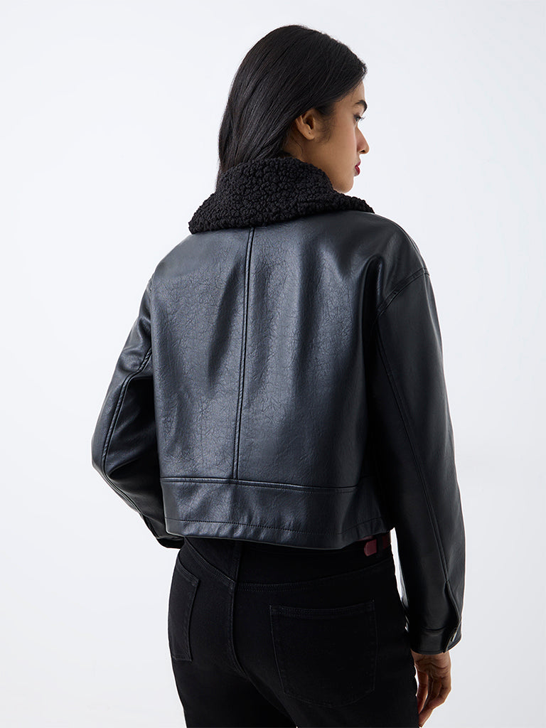 LOV Black Borg-Collar Faux Leather Cotton Jacket — photo 4