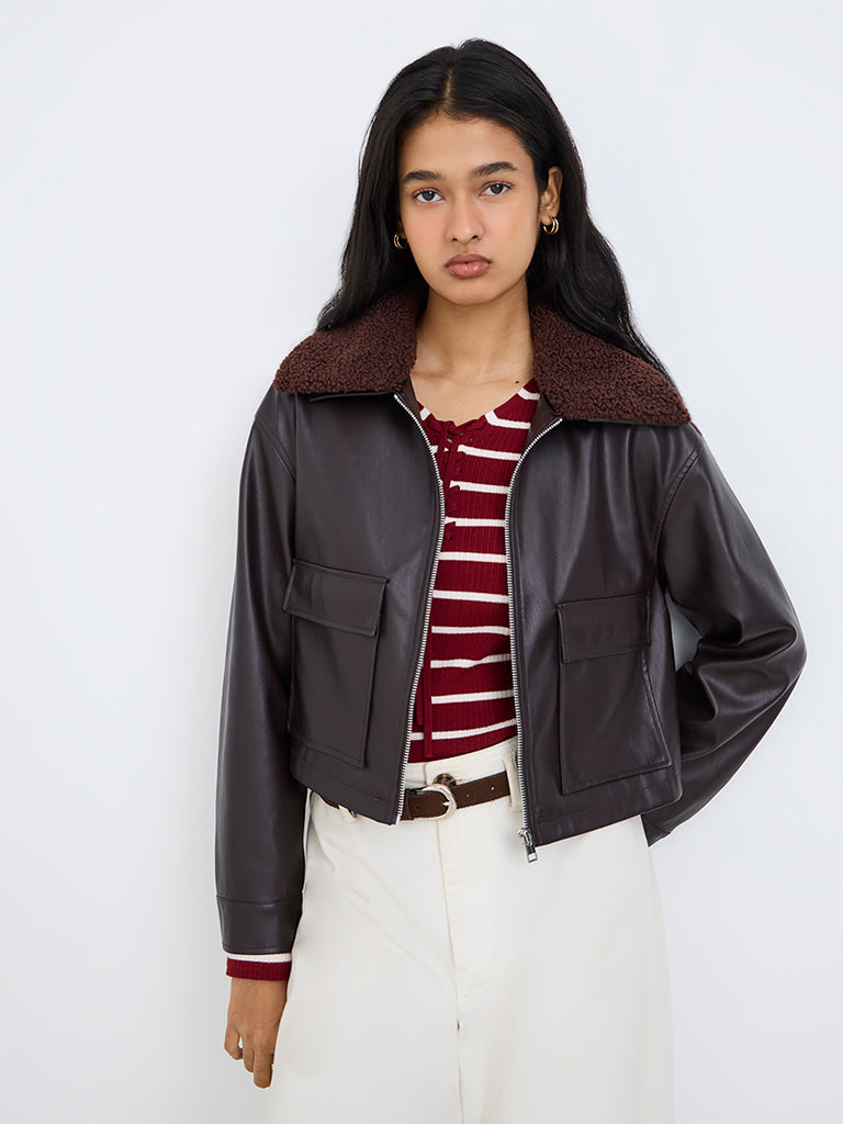 LOV Dark Brown Borg-Collar Faux Leather Linen-Blend Jacket — photo 1