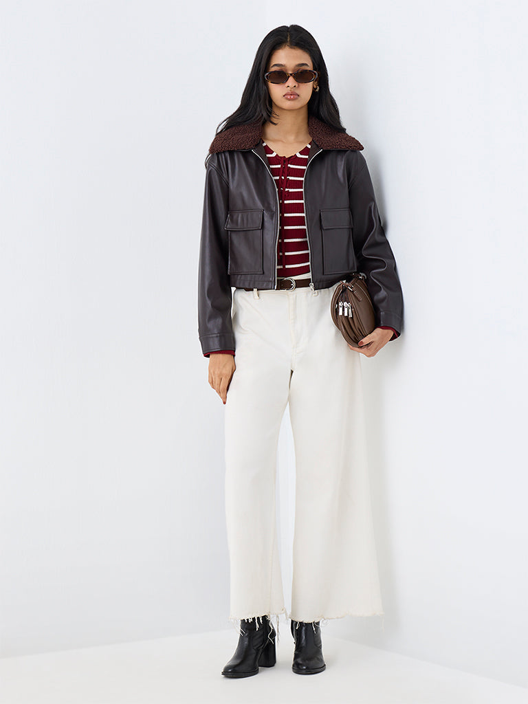 LOV Dark Brown Borg-Collar Faux Leather Linen-Blend Jacket — photo 2