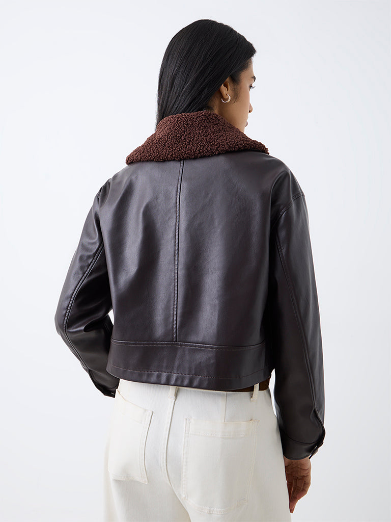 LOV Dark Brown Borg-Collar Faux Leather Linen-Blend Jacket — photo 4
