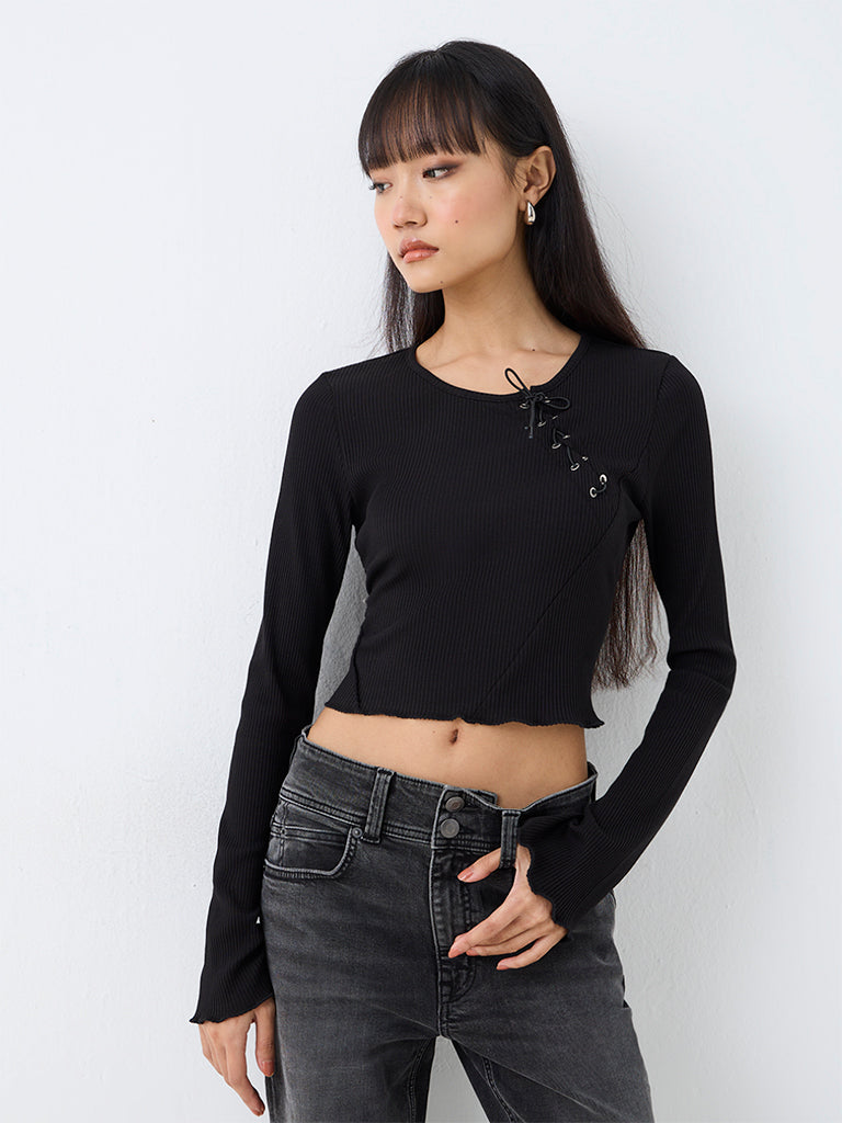 Nuon Black Tie-Up Detail Ribbed Top — photo 1