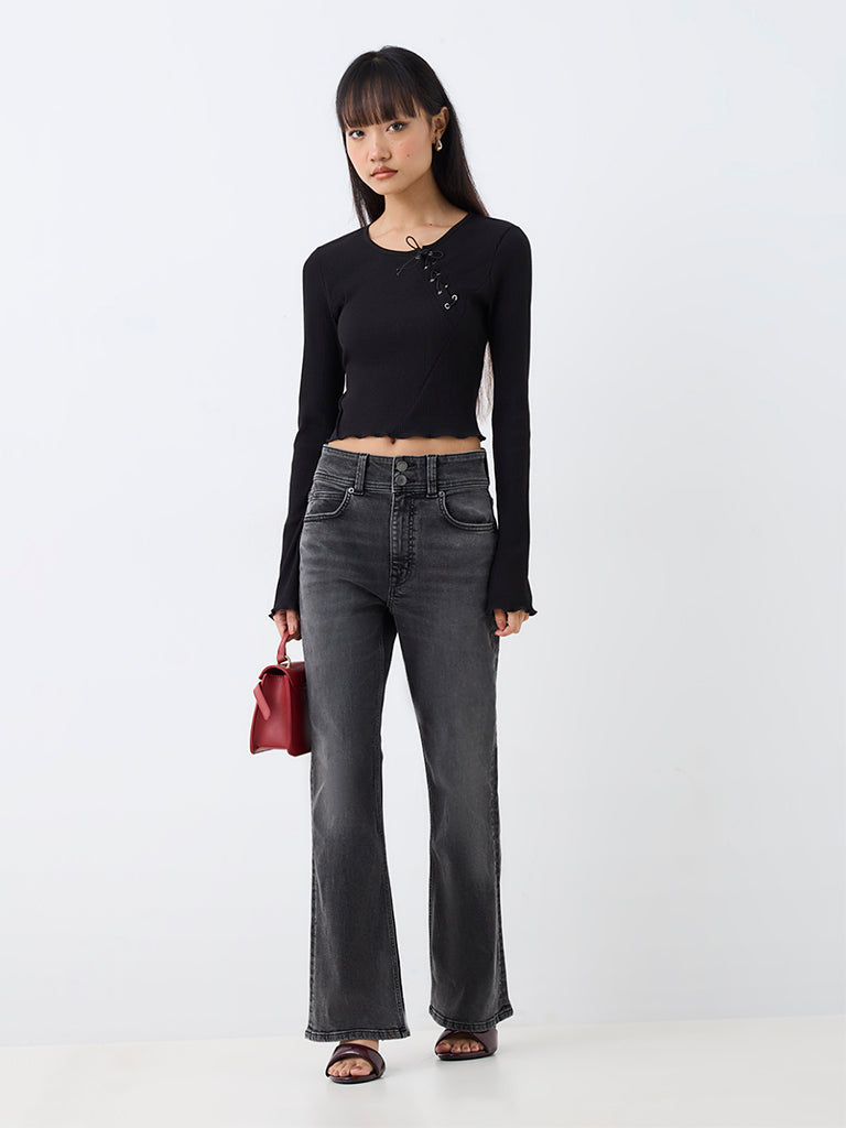 Nuon Black Tie-Up Detail Ribbed Top — photo 2