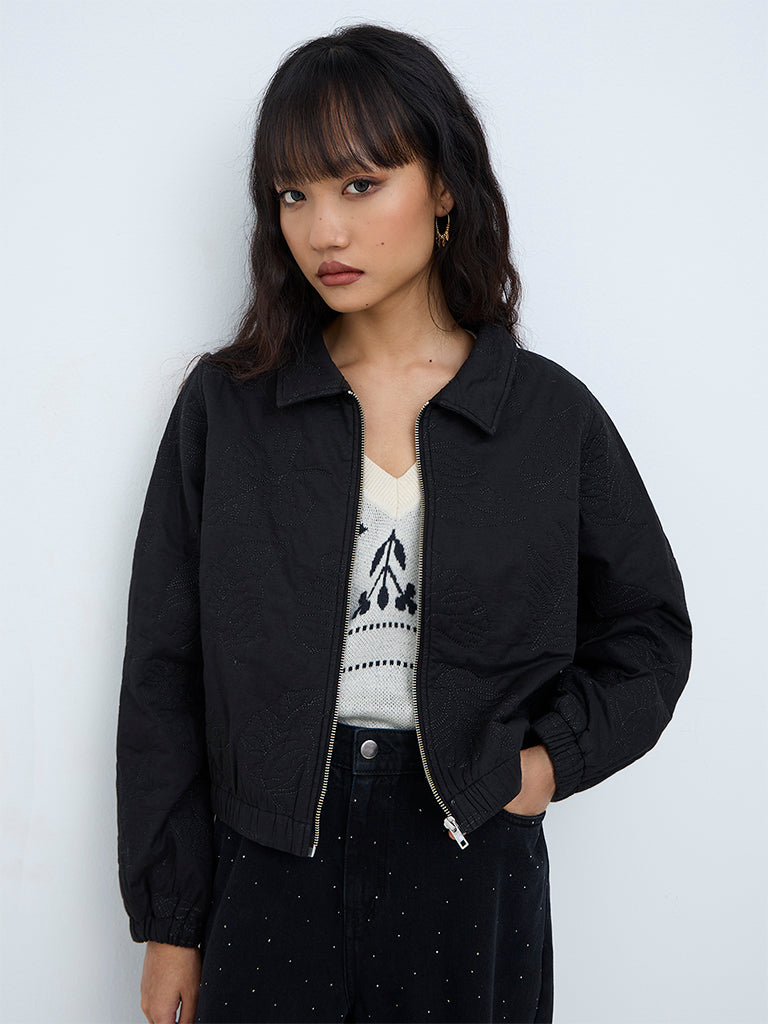 Bombay Paisley Black Floral Embroidered Cotton Jacket