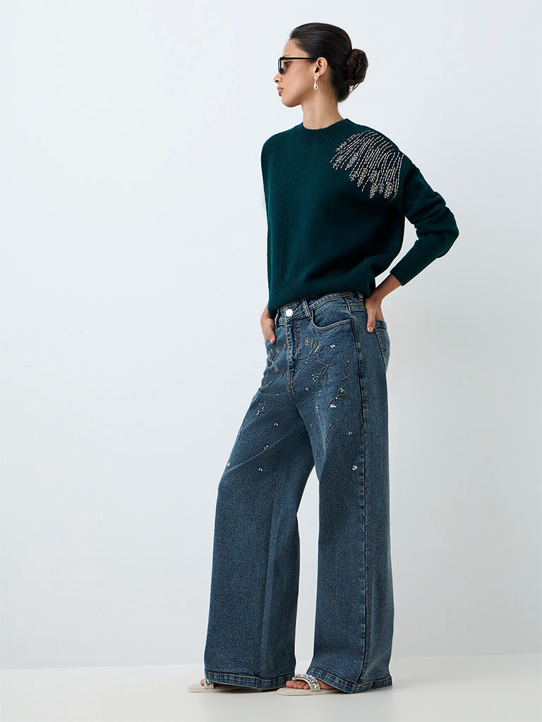 LOV Dark Teal Embellished Sweater — photo 1