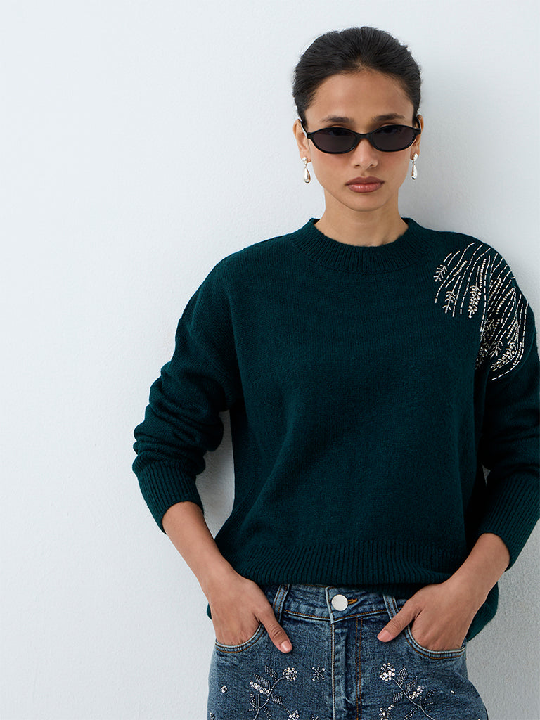 LOV Dark Teal Embellished Sweater — photo 2