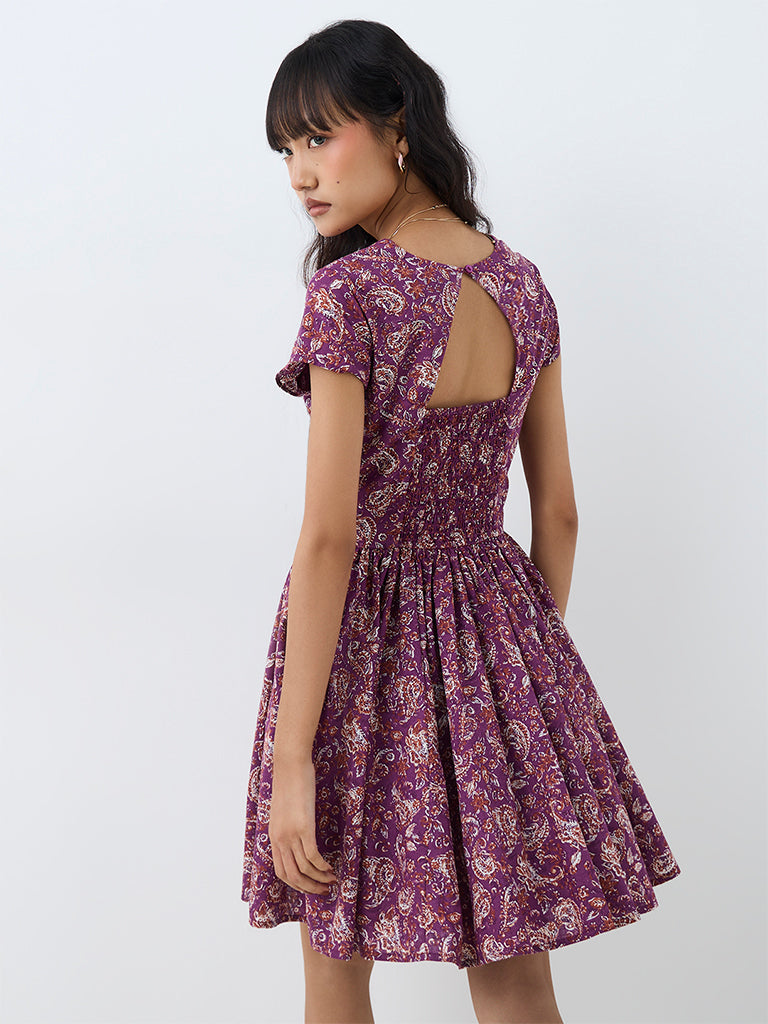 Bombay Paisley Purple Paisley Printed Cotton Fit-and-Flare Dress — photo 4