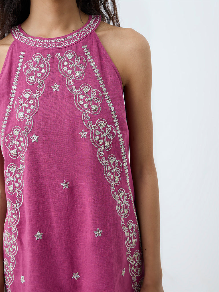 Paisley Pink Floral Embroidered Cotton Shift Dress — image 3