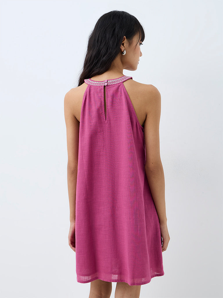 Paisley Pink Floral Embroidered Cotton Shift Dress — image 4