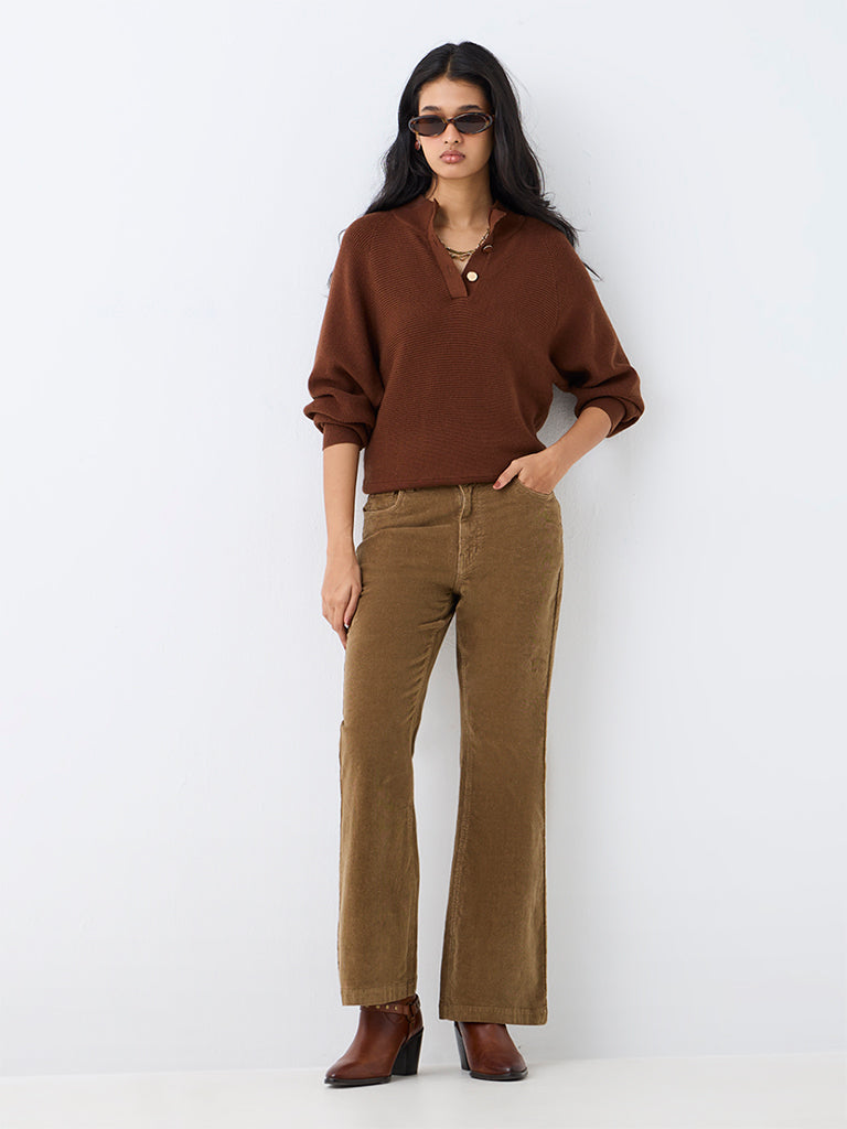 LOV Khaki Bootcut High-Rise Corduroy Cotton-Blend Trousers — photo 1