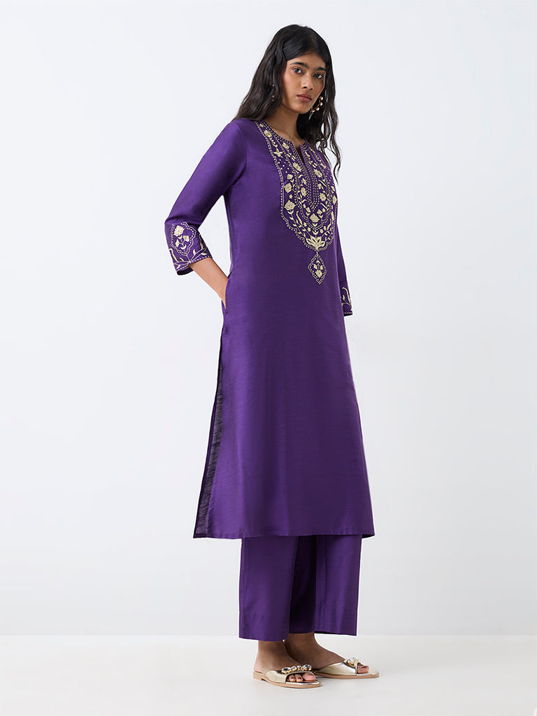 Violet Floral Embroidered A-Line Kurta and Solid Pants Set — image 2
