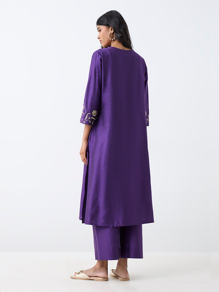 Violet Floral Embroidered A-Line Kurta and Solid Pants Set — image 4