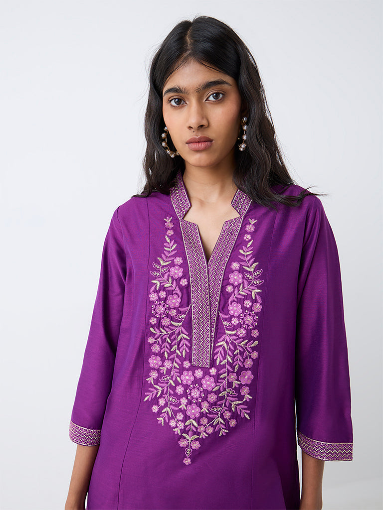 Purple Floral Embroidered A-Line Kurta — photo 3