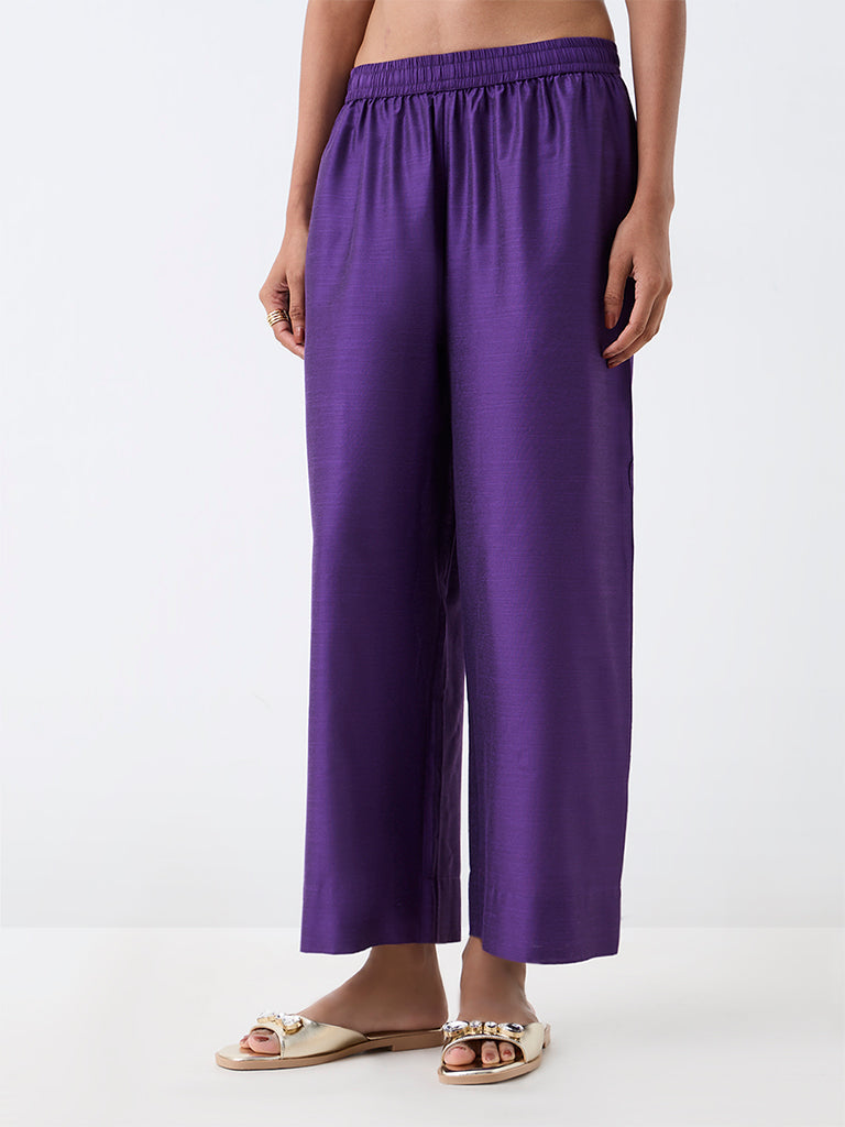 Violet Floral Embroidered A-Line Kurta and Solid Pants Set — image 6