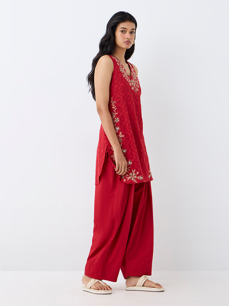 Red Floral Embroidered Kurti and Cotton Farshi Salwar Set — photo 6
