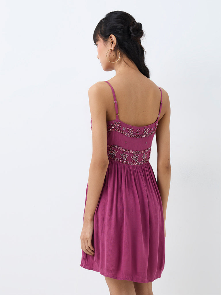 Bombay Paisley Purple Floral Embellished Cotton Fit-and-Flare Mini Dress — photo 4