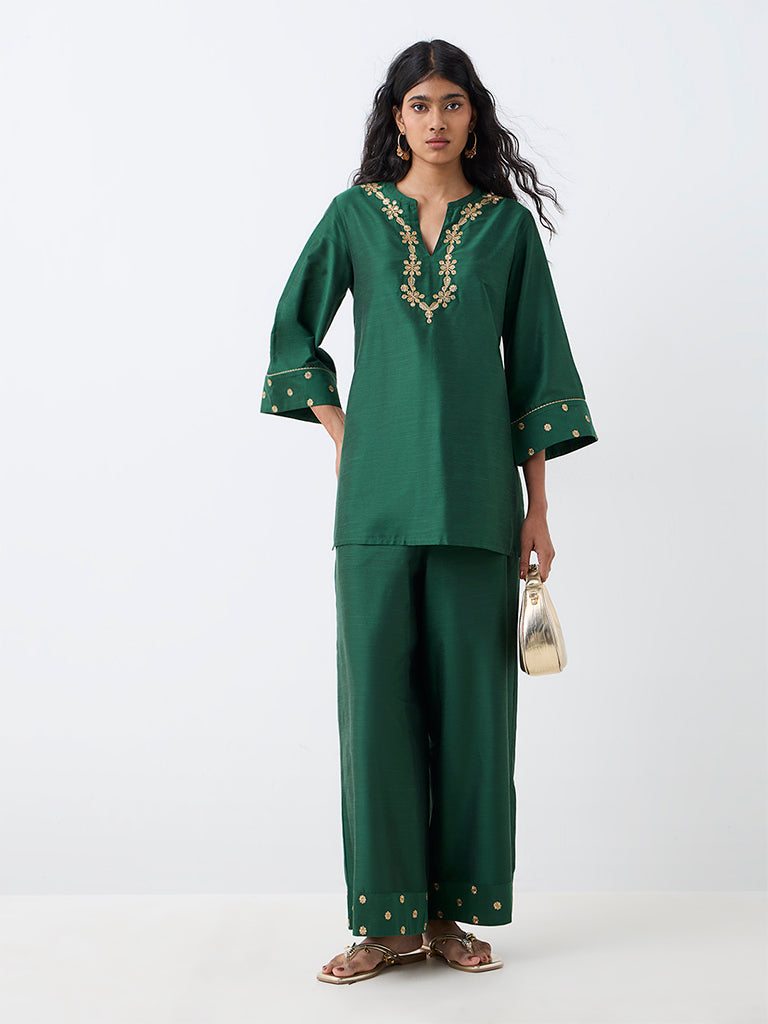 Utsa Dark Green Floral Embroidered Kurti — photo 2