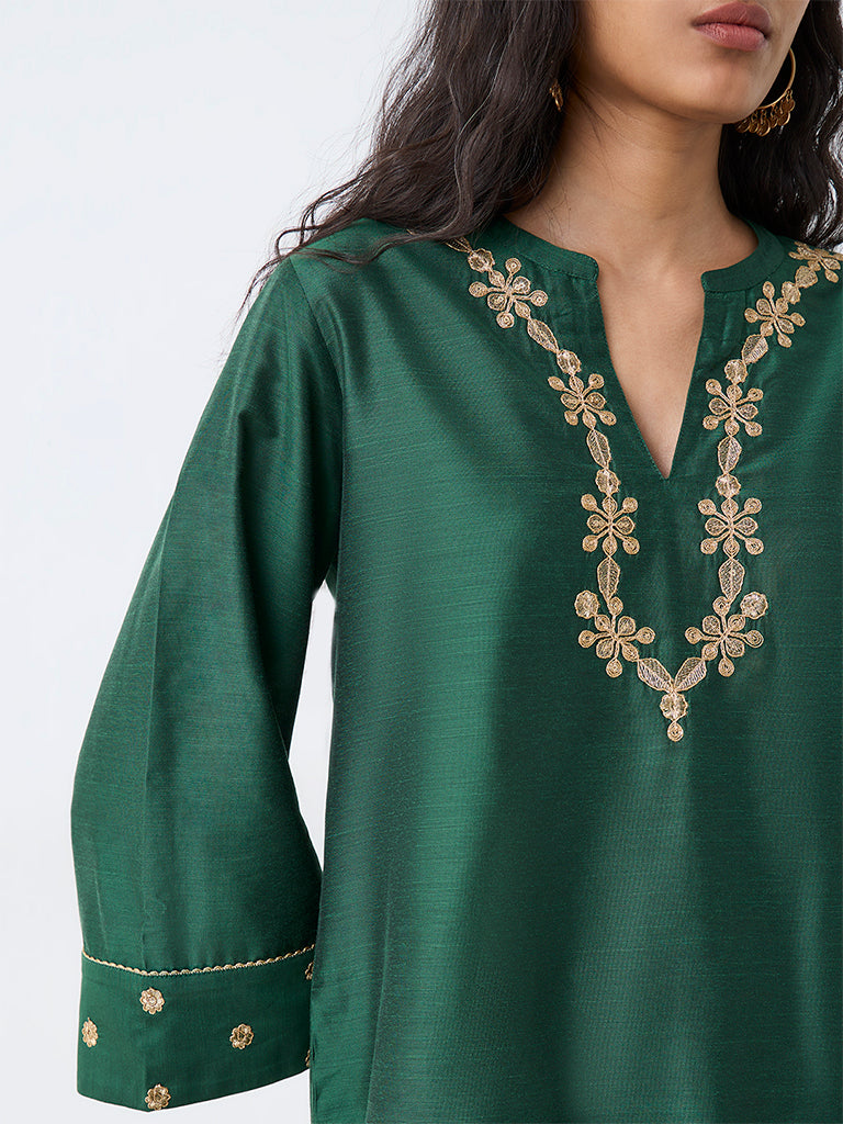 Utsa Dark Green Floral Embroidered Kurti — photo 3