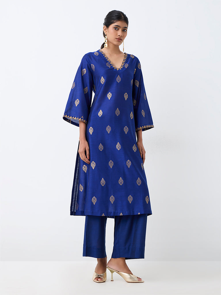 Blue Floral Printed A-Line Kurta — photo 1