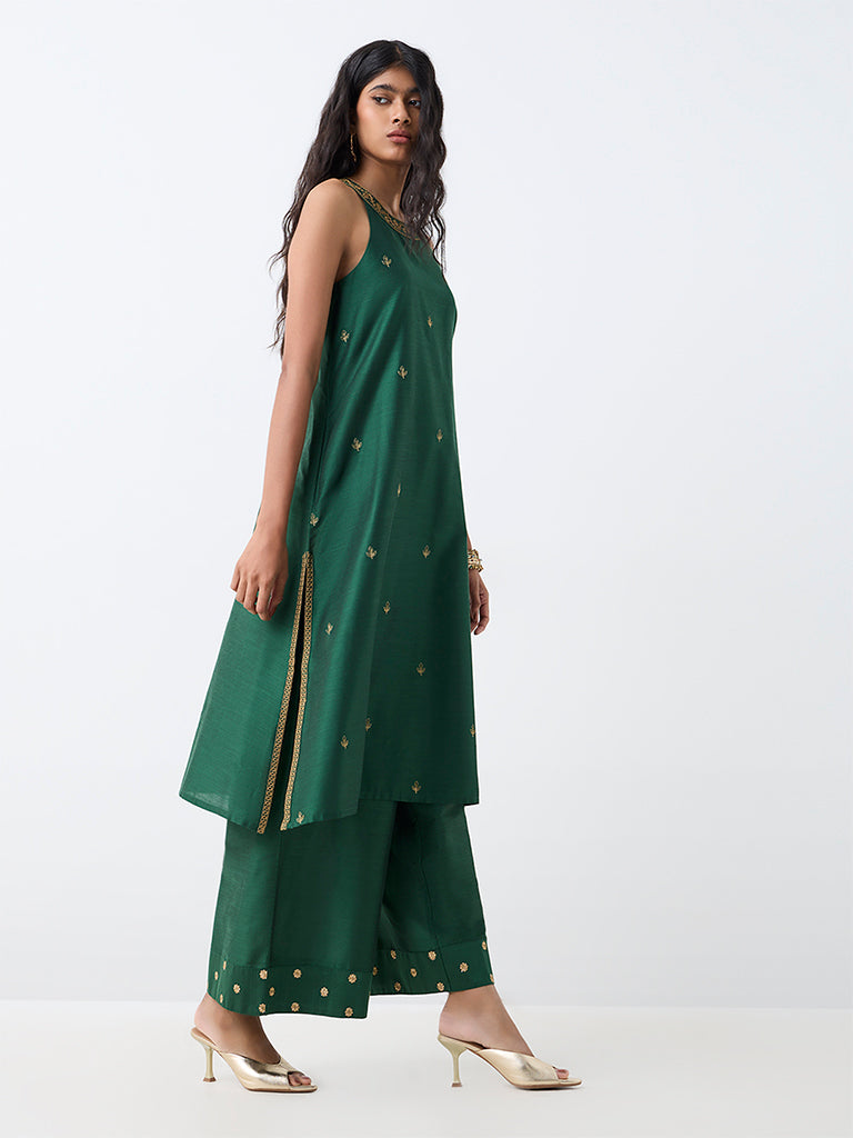 Utsa Dark Green Floral Embroidered Pants — photo 2