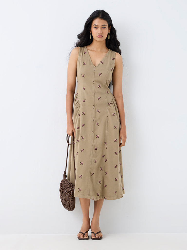 LOV Khaki Floral Embroidered A-Line Denim Dress — photo 1