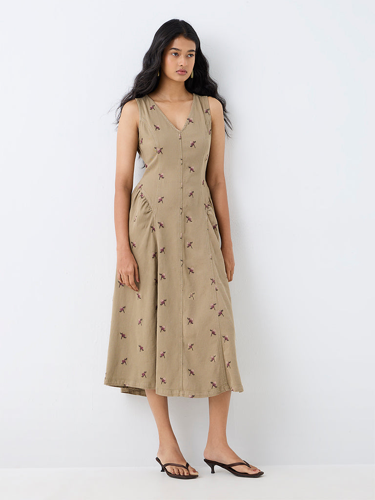 LOV Khaki Floral Embroidered A-Line Denim Dress — photo 2