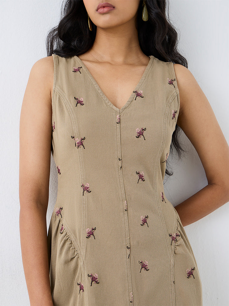 LOV Khaki Floral Embroidered A-Line Denim Dress — photo 3