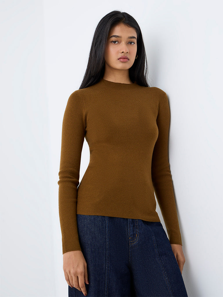 LOV Brown Tie-Up Detail Ribbed Top — photo 1