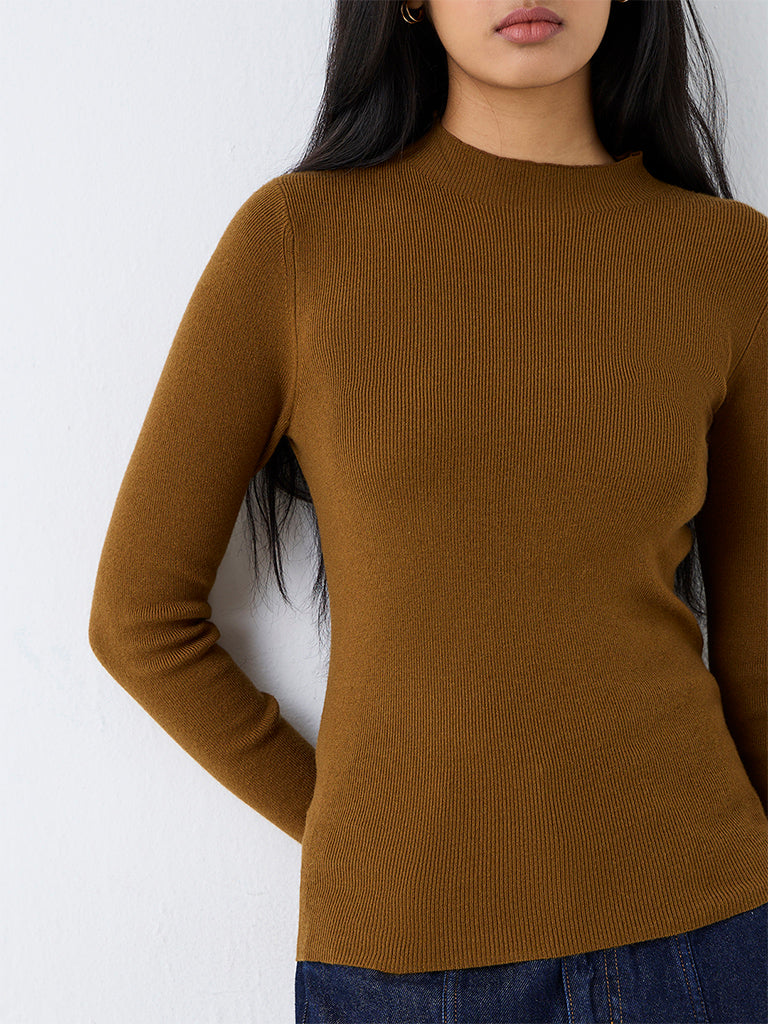 LOV Brown Tie-Up Detail Ribbed Top — photo 3