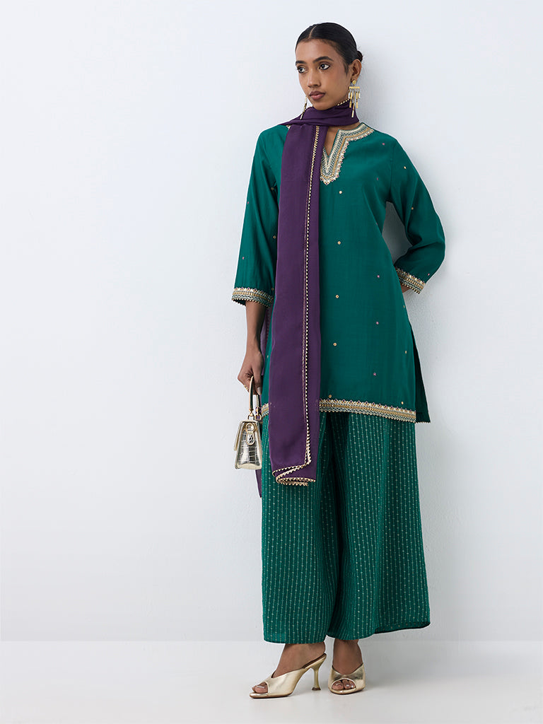 Dark Teal Mirror Embroidered A-Line Ethnic Set — photo 2