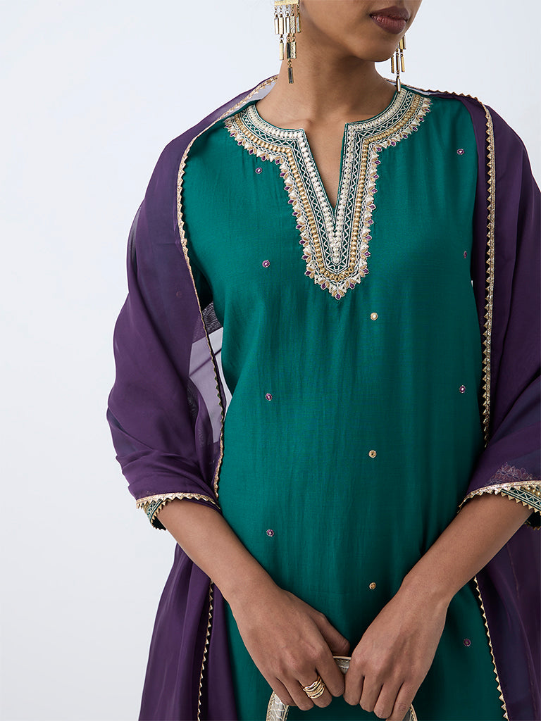 Dark Teal Mirror Embroidered A-Line Ethnic Set — photo 3