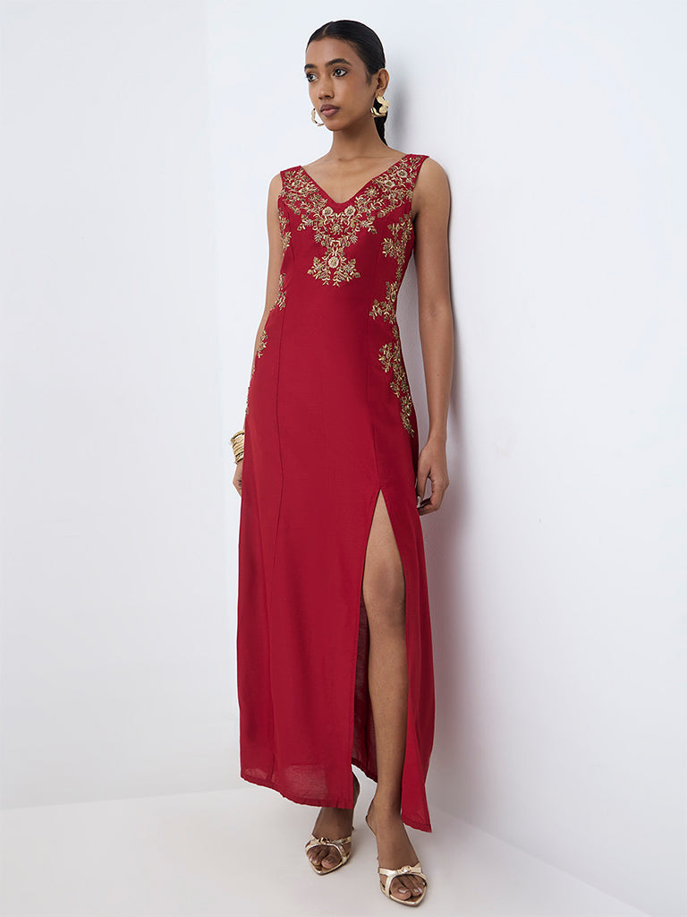 Red Floral Embellished Sheath Dress — photo 1