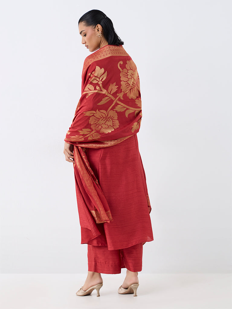 Red Zari Embroidered A-Line Ethnic Set — photo 4