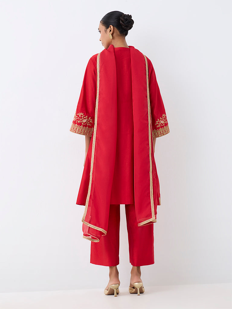 Red Floral Embroidered A-Line Ethnic Set — photo 4